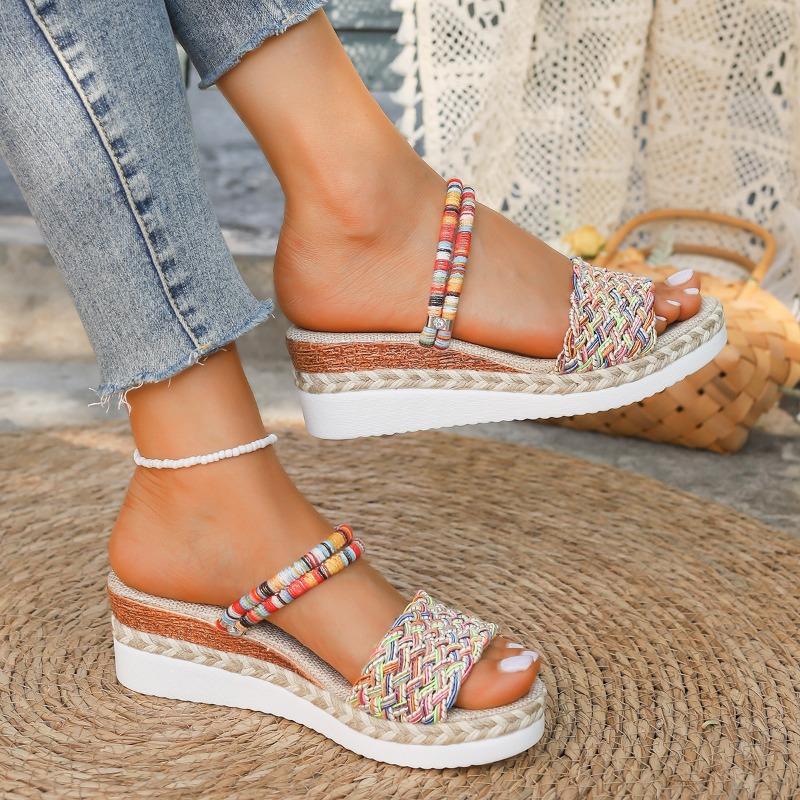 Summer new sandals wear large size casual two wear hemp rope woven wedge heel colored sandals women