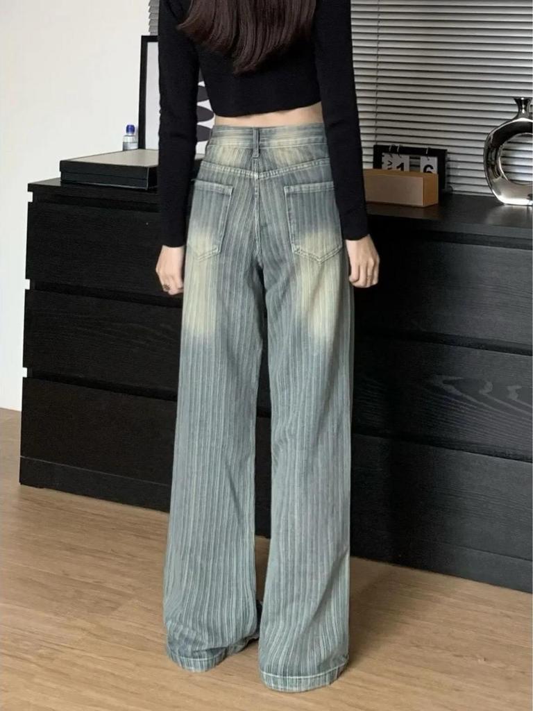 Women's Striped Low-Waist Slimming Retro Jeans - Autumn 2024 Collection, Straight & Wide-Leg Design.