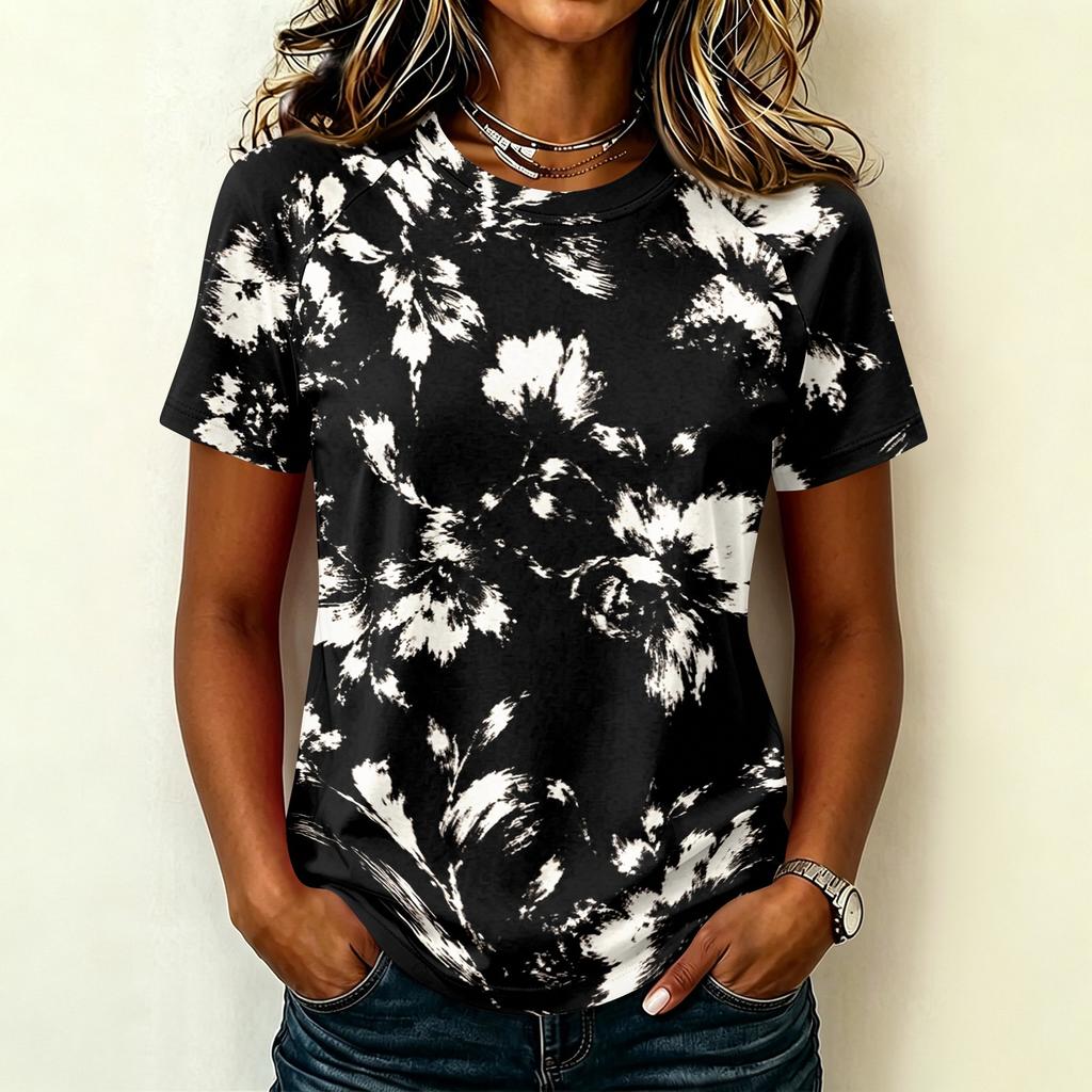 Womens Casual Raglan Sleeve Crew Neck Short Sleeve Top Floral Print Lightweight Comfortable Fit