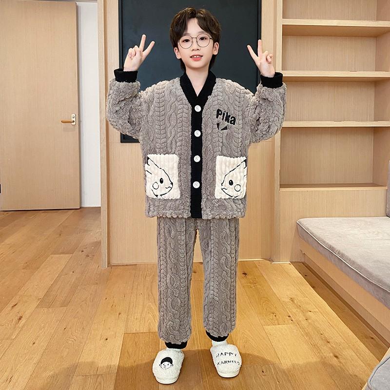 Boys Winter Coral Fleece Pajama Set Cartoon Animal Print Warm Thick Long Sleeve V-Neck Sleepwear Kids 8-14 Years