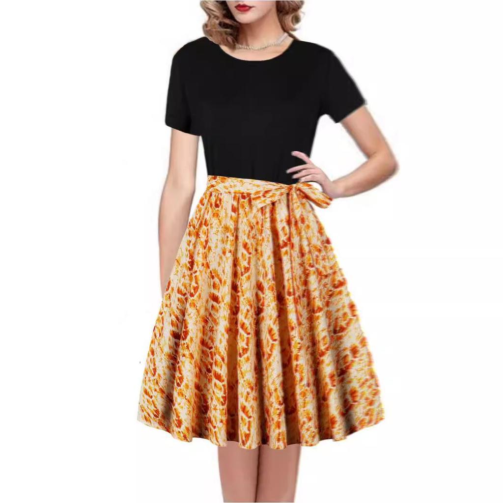 Round Neck Short-Sleeve Printed Dress
