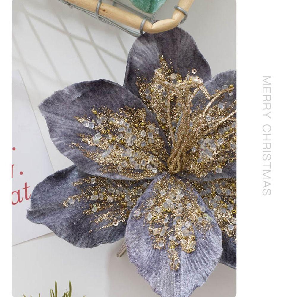 19cm Artificial Poinsettia Glitter Flower Glitter Sequin Fake Christmas Flowers Flannel Simulation 3D Simulation Flower