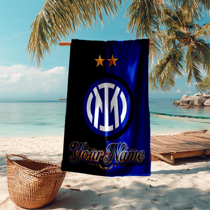 1pc Internazionale Milano Beach Towel with Custom Name, Beach and Seaside Swimming Pool Equipment, Fashion Pattern, Rectangular, Travel Essential