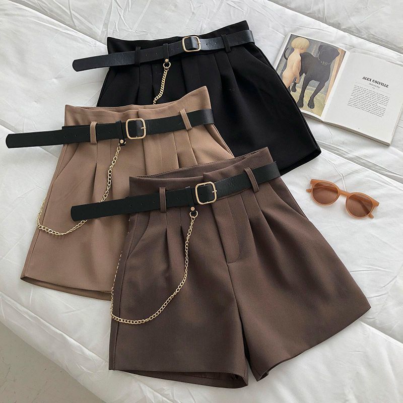 Damen Sommer Anzug Shorts mit Gürtel Koreanische Version Schlank Hohe Taille Lässig A-Linie Weiter Bein Hosen