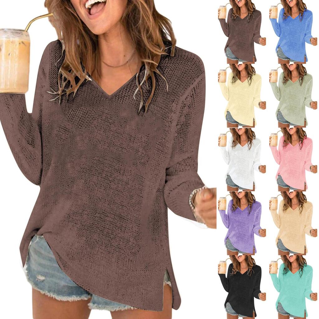 Women V Neck Hollow Out Knit Crochet Sweater Pullover Loose Fit Long Sleeve Lightweight Beach Cover Up Top