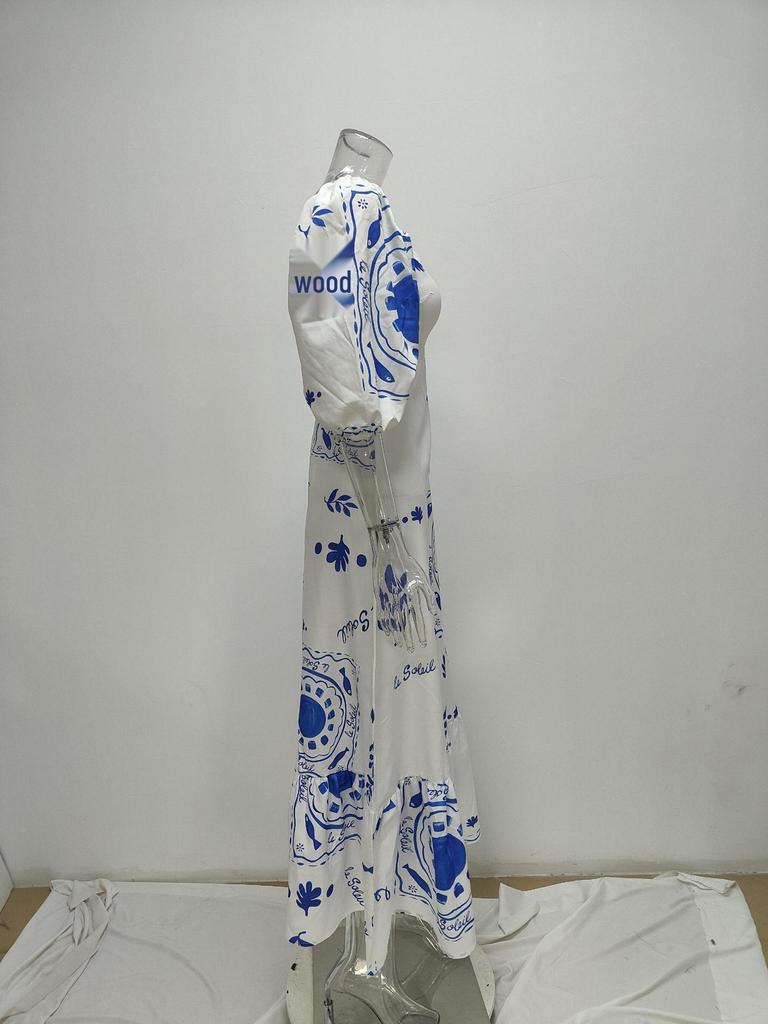 2026 Spring Women's Casual One-Shoulder Print Lantern Sleeve Slim Fit Dress