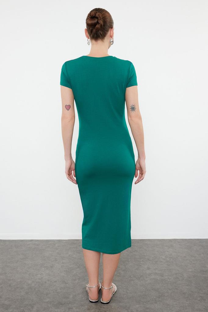 Women's Style Dress Emerald Green Short Sleeve Fitted Cotton Stretchy Midi Knitted Dress