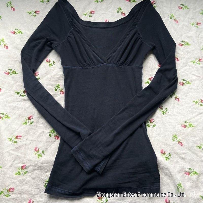 Y2K Fransk V-ringad Smal Retro Långärmad Topp