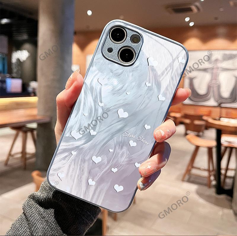 Feather yarn pattern white love iPhone17 niche high-end glass case Apple 15promax hard case protective case