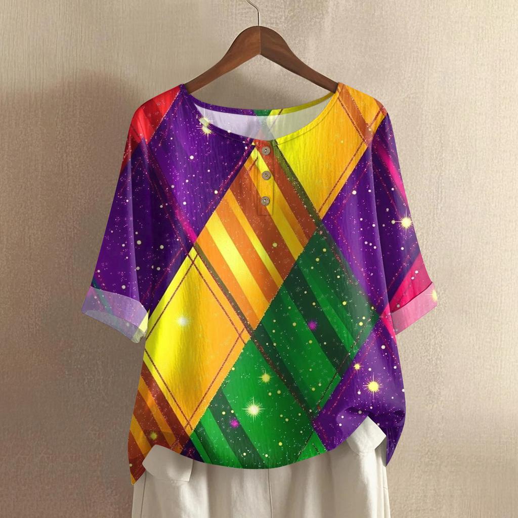 Women's Fashionable And Casual Shirt Half-sleeve Round Neck Cotton And Linen Blouse Top
