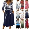 Women's Fashionable Color Printed Round Neck 3/4 Sleeve Button Collar Mid Length Casual Dress