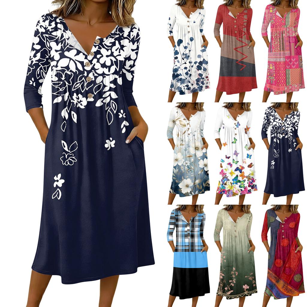 Women's Fashionable Color Printed Round Neck 3/4 Sleeve Button Collar Mid Length Casual Dress