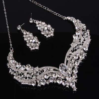 Wedding Bridal Queen Style Fully Shiny Rhinestone Necklace Earrings Jewelry Set