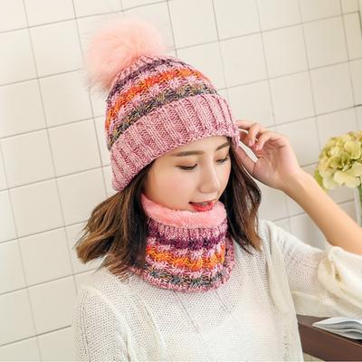 Winter Kaltwetter Strick-Nackenschal, Schal und Pelzmützen-Set in Rosa