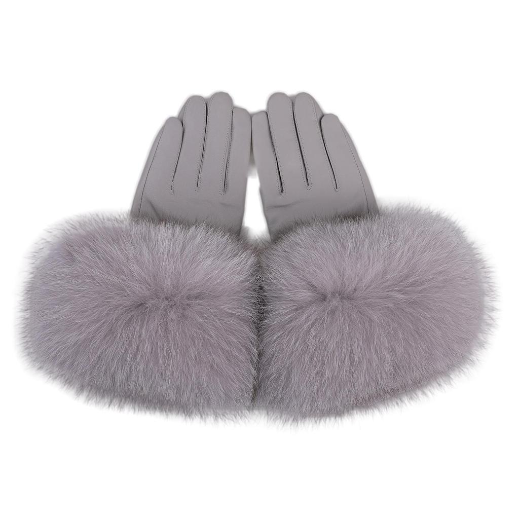 Women Genuine Lambskin Leather Gloves With Real Fox Fur Trim Cuff Winter Warm Driving Gloves-Velvet Lined