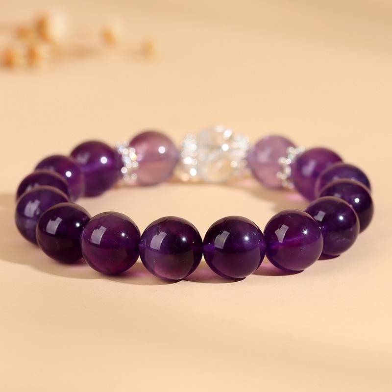 Natural Uruguayan Amethyst & White Agate Round Bead Bracelet for Women