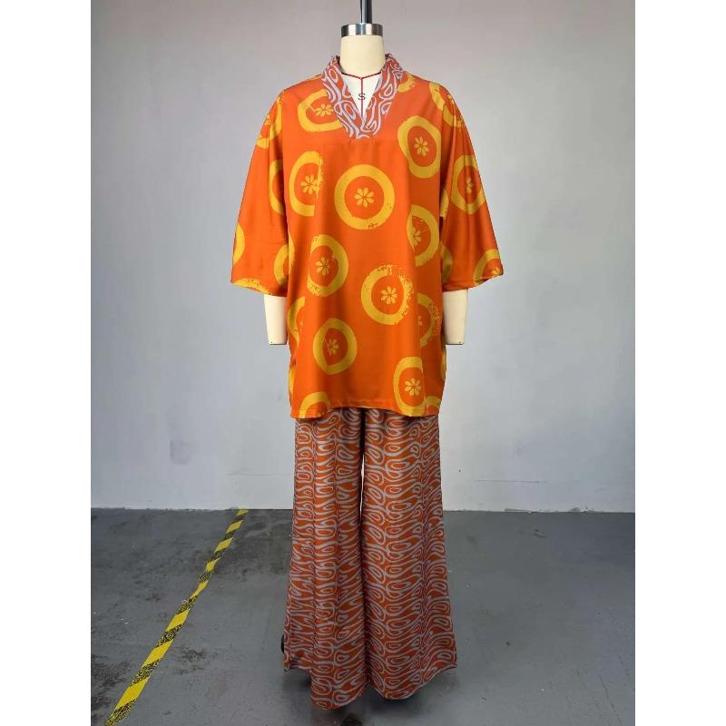 Women Pant Set Two Piece Sets V Neck Bat Sleeve Print Wide Leg Long Pants Casual Loose Elastic Waist Y2k Streetwear