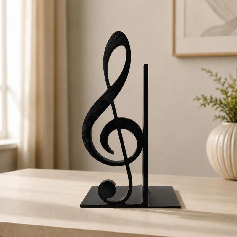 Musical Note Bookend with Flat Base Decorative Vertical Book Stoppers for Bookshelf, Desktop, Holiday Party Displays