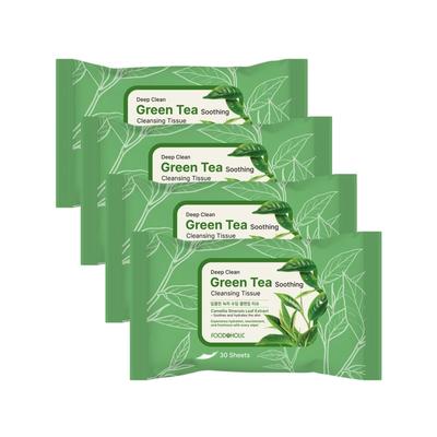 (4 Stück) Foodaholic Deep Clean Grüntee Beruhigende Reinigungstücher (30 Blatt) / Tragbare Feuchtigkeitsspendende Tiefenreinigung