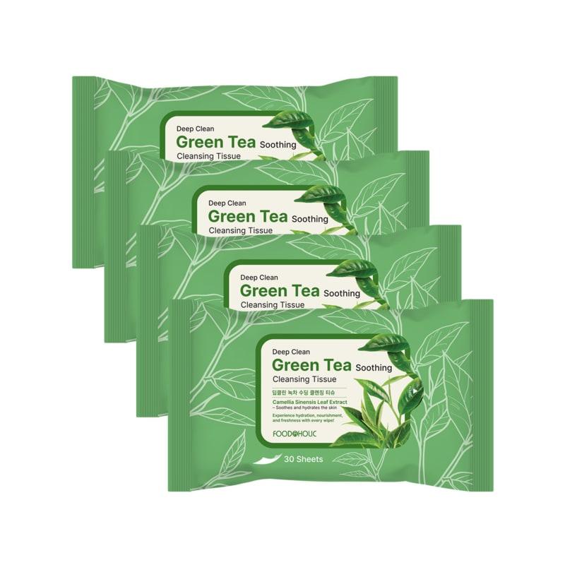 

(4 шт.) Foodaholic Глубоко очищающие успокаивающие салфетки для умывания с зеленым чаем (30 листов) / Портативное увлажняющее глубокое очищение