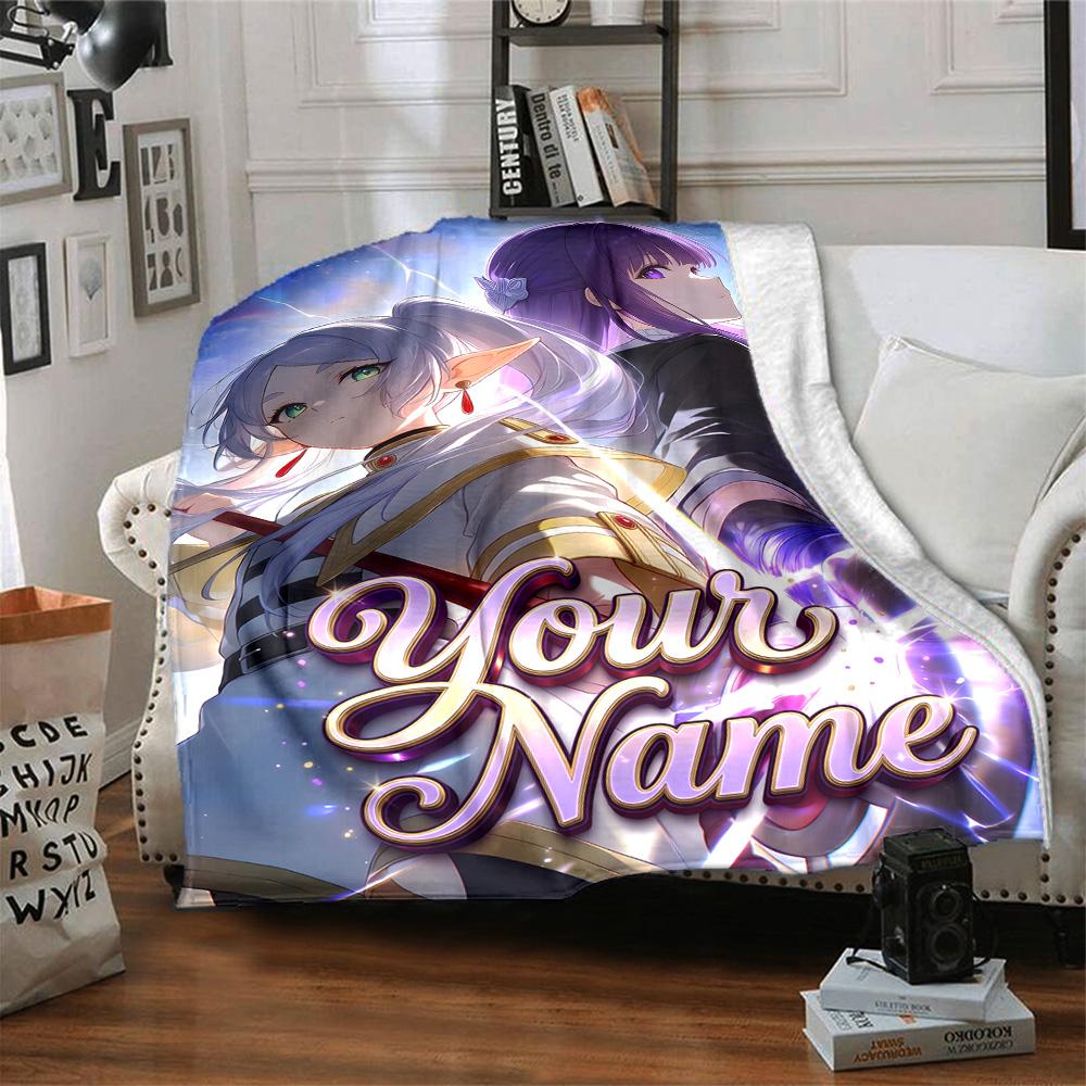 1pc Frieren Blanket with Custom Name, Gift, for Men and Women, Soft Blanket, Good for Sofa Bed Couch Travel, Lightweight Flannel Blanket