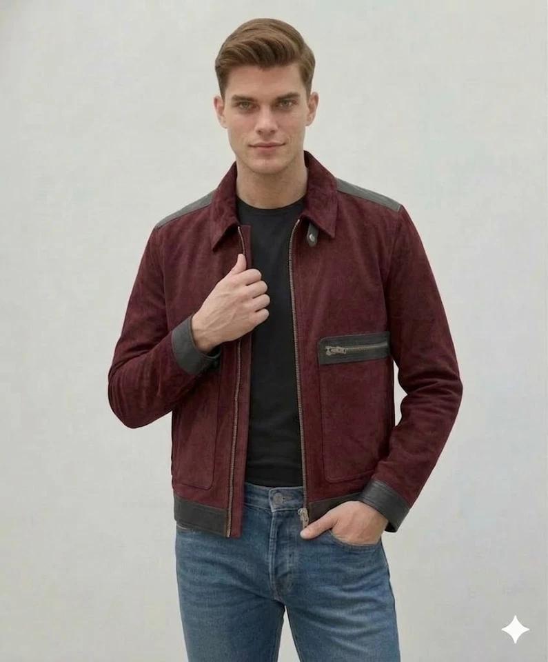 Stylish Men's Biker Handmade Suede Lambskin Leather Motorcycle Jacket Burgundy