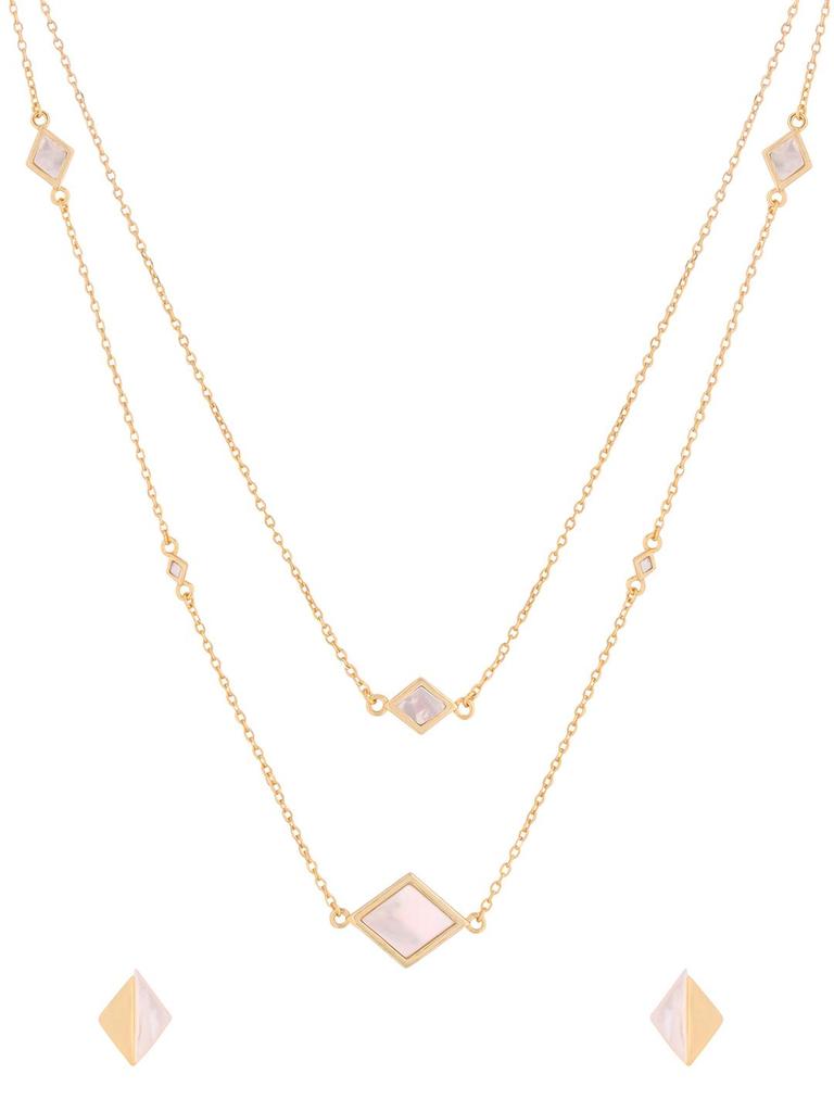 Frech und spritzig 925 Sterlingsilber vergoldet Perlmutt Muschel Station mehrreihige quadratische Halskette Ohrringe Schmuckset für Damen