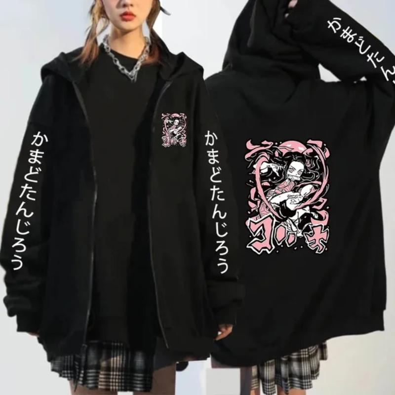 Women's Fashion Zipper Sweater Japanese Anime Hoodie Demon Slayer Pattern Printed Sweatshirt  Warm Long Sleeve Coat
