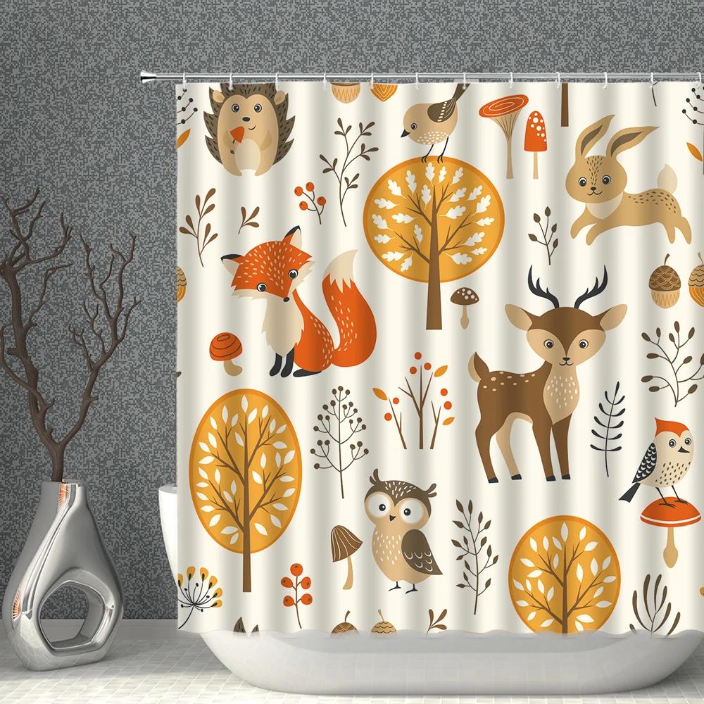 Cartoon Beige Shower Curtain Waterproof Cloth Colour Animal Butterfly White Print Bath Curtains Child Girl Bathroom Screen Set