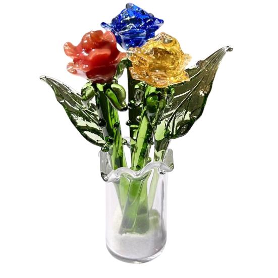 1 Stück/1 Set Mini Glas Rosenblumen Dekoration mit Stiel Handgefertigte Glas Blumenfigur Zuhause Wohnzimmer Mundgeblasenes Blumenstrauß Ornament