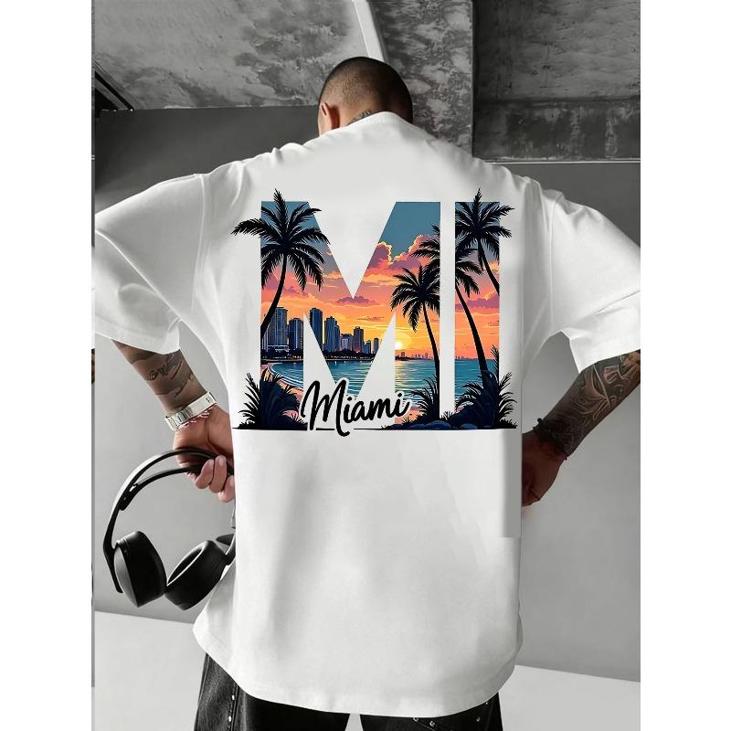 Herren Mode T-Shirt "Strand Sonnenuntergang" Kreativer Letter Print - Bequem für Alle Jahreszeiten, Slim Fit, Beidseitiges Design, Bequemes Material