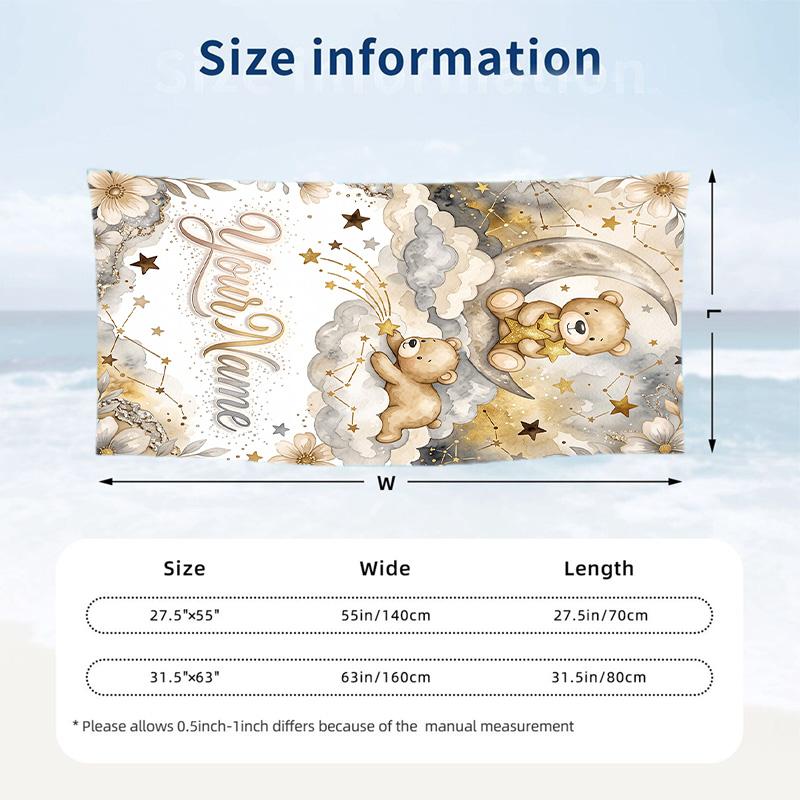Teddy Bear Theme Beach Towel Personalized Custom Name & Text Soft Quick Dry Beach Towel for Swimming Travel