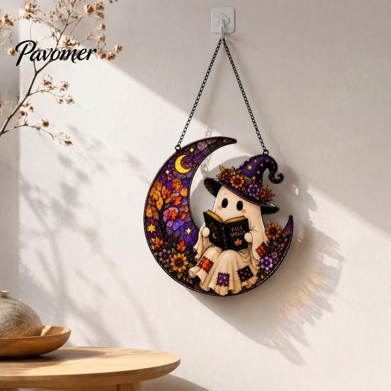 Whimsical Lawn Decor 2D Ghost Moon Pumpkin Acrylic Suncatcher, Halloween Window Home Garden Accents Hanging Ornament, Autumn Thanksgiving Yard