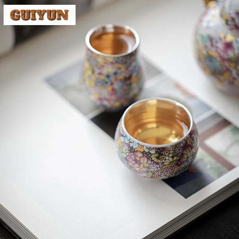 Chinese Enamel Colored Thousand Flowers Teacup Pure Silver Gilded Master Cup Juxiang Aroma Cup Ceramic Chazhan Tea Kung Fu Set