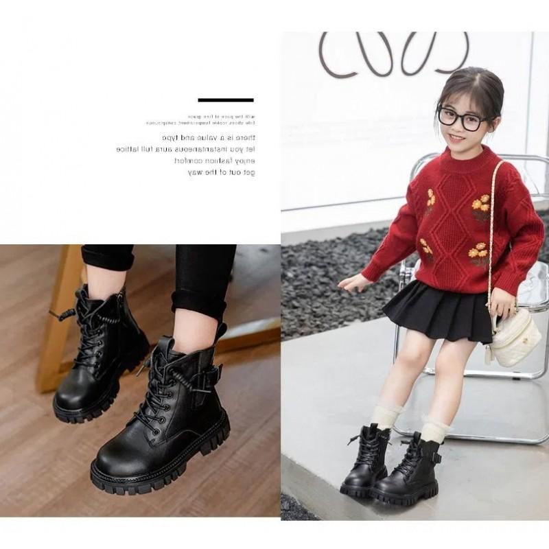 Girls Chelsea Boots Winter Kids Fashion Short Schoolwear Black PU Leather Side Zip