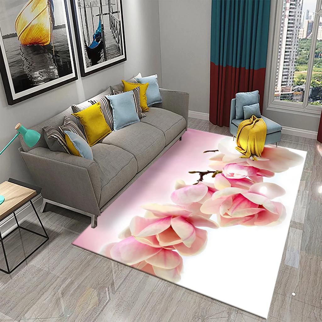 Magnolienblüten Teppich Rosa und Weiß Blumenteppiche Fußmatten Schlafzimmerdeko Bodenteppiche für Badezimmer Küche Eingang Rutschfester Teppich
