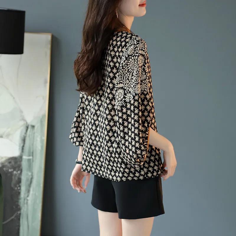 Fashion Summer New Fashion Korean Style Simple Niche Versatile Commuting Three-quarter Sleeve Lace-up Printed Chiffon Shirt for Women