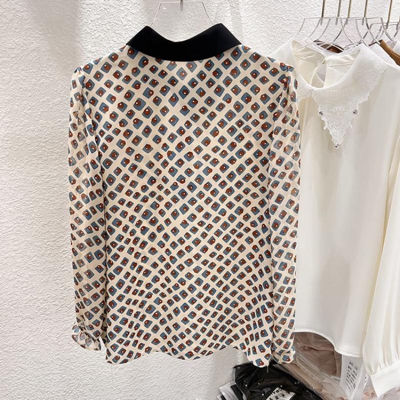 Korean Style Slim Lapel Color-blocking Printing Age-reducing Long-sleeved Chiffon Shirt Thin Top