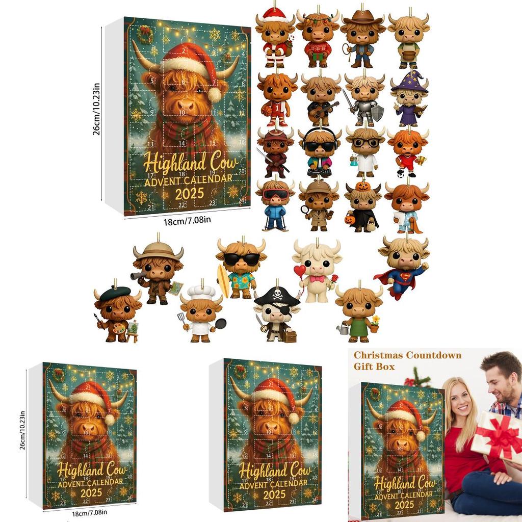 Christmas Calendar Blind Box Highland Cow Acrylic Ornaments For Holiday Decor And Gift Giving