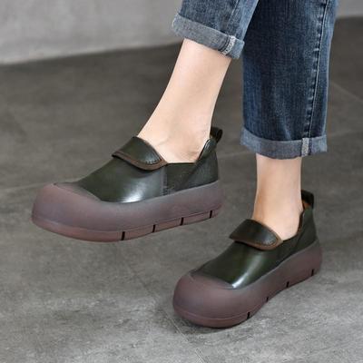 Chaussures plates rétro polyvalentes en cuir véritable à bout rond et semelles épaisses pour femmes