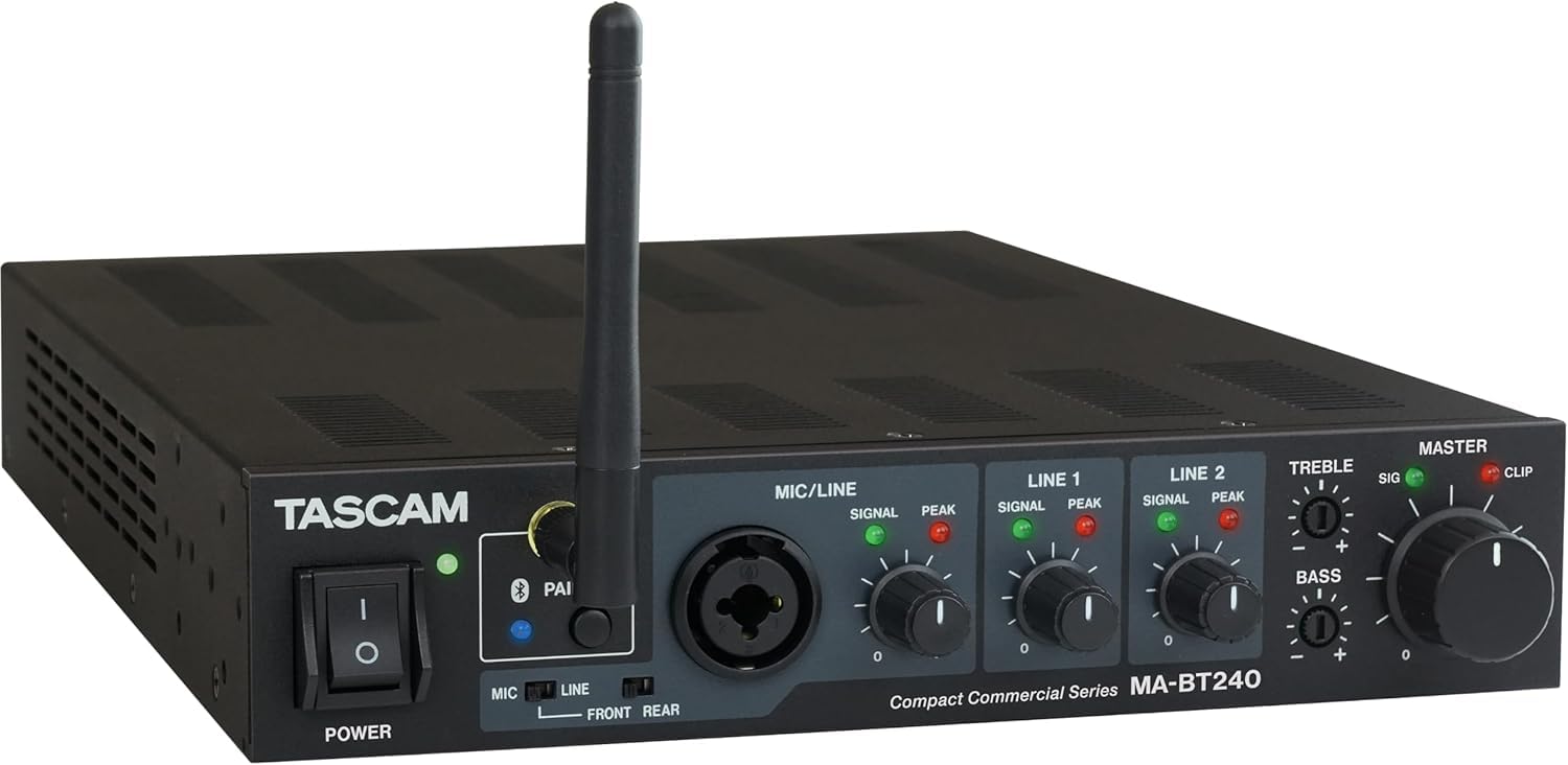 

TASCAM Мікшерний підсилювач з мікрофоном, сумісний із входом MA-BT240/Bluetooth з високим і низьким опором чорний