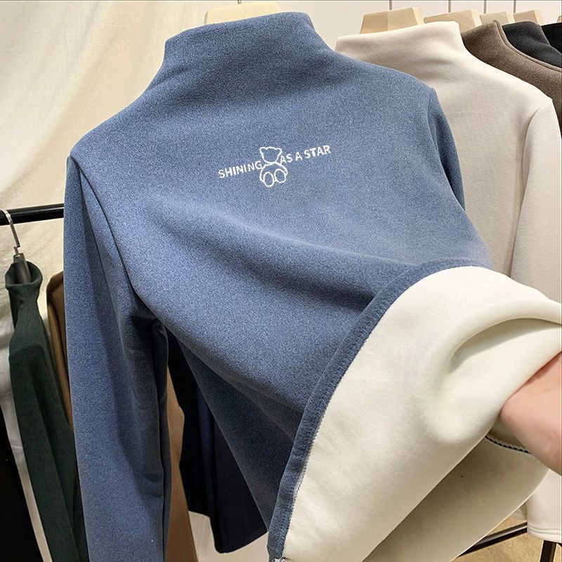 Jednodílná flaneletová košile s polovysokým límcem pro dámský podzimní a zimní styl Plyšová zahuštěná teplá podšívka Top s dlouhým rukávem