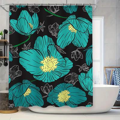 Stylish Blue Floral Shower Curtain for Bathroom Decor Waterproof Fabric with Hooks Included In Set