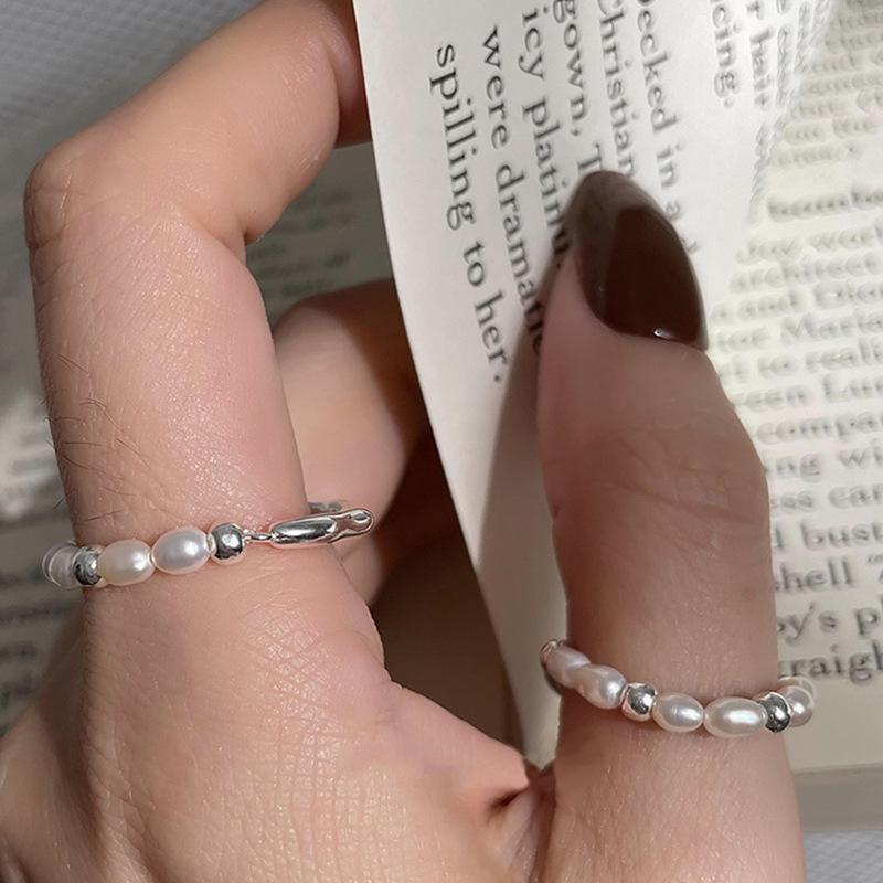 BFCLUB Silver Color Geometric Irregular Ball Pearls Rings for Women Bohemian Retro Adjustable Antique Personality Ring