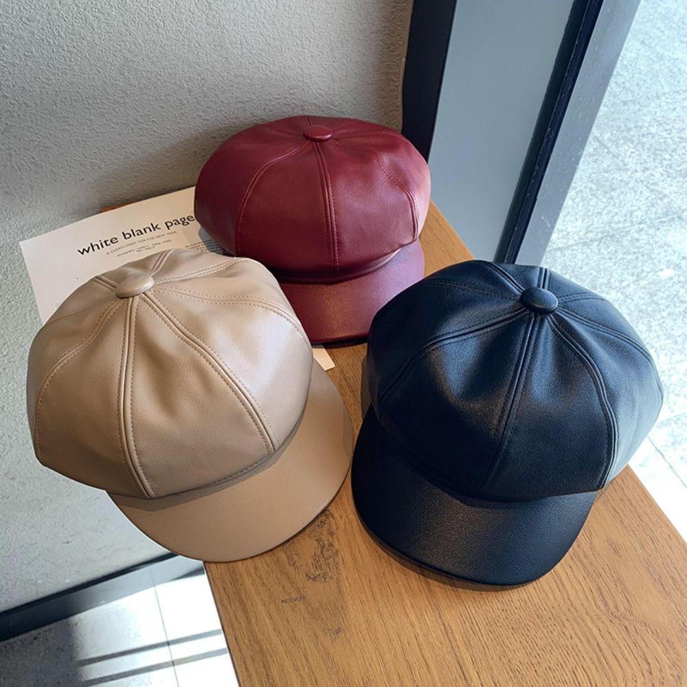 Y2K PU Beret Korean Style Octagonal Cap Casual Painter Hat  Outdoor