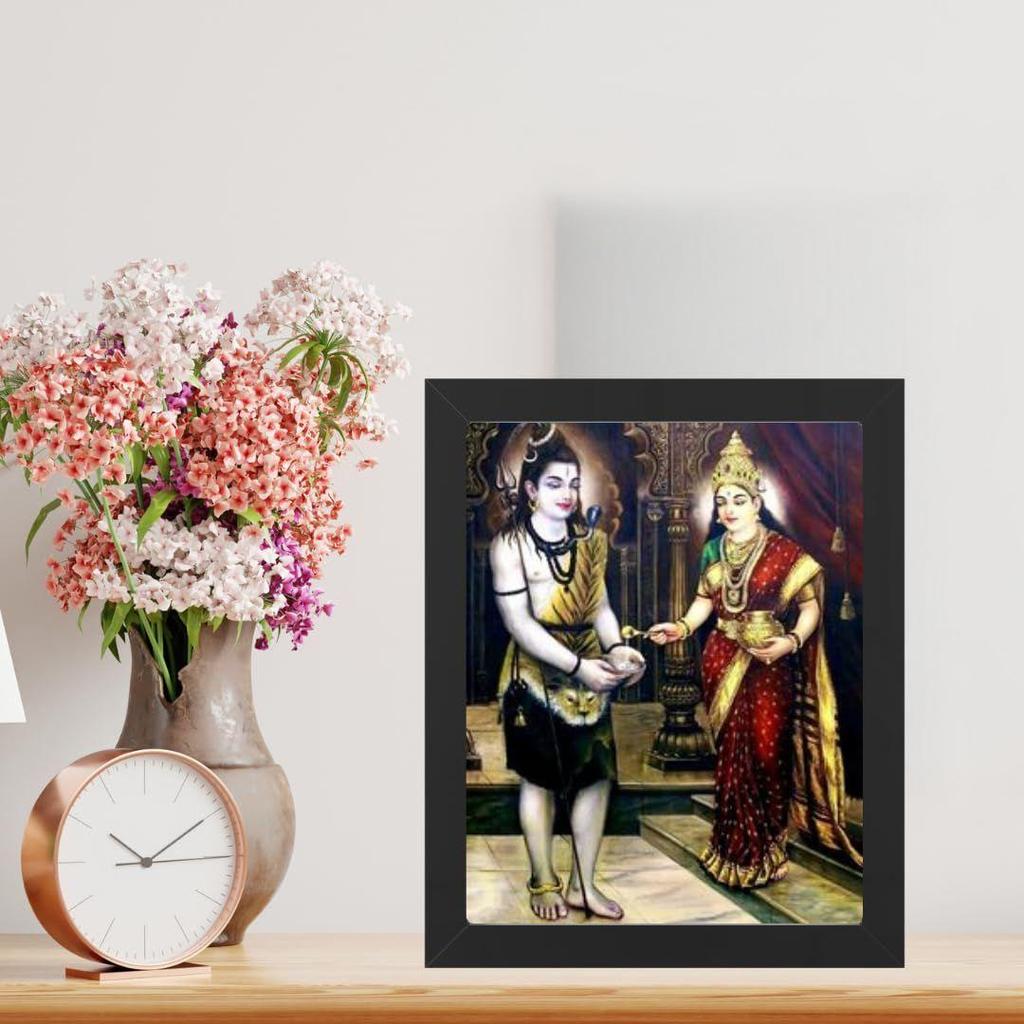 Hinduistický náboženský design Šivy a Maa Annapurny Déví, nástěnné umění, malba v rámu pro domácí dekoraci a jako dárek, tradiční chrámové umělecké dílo