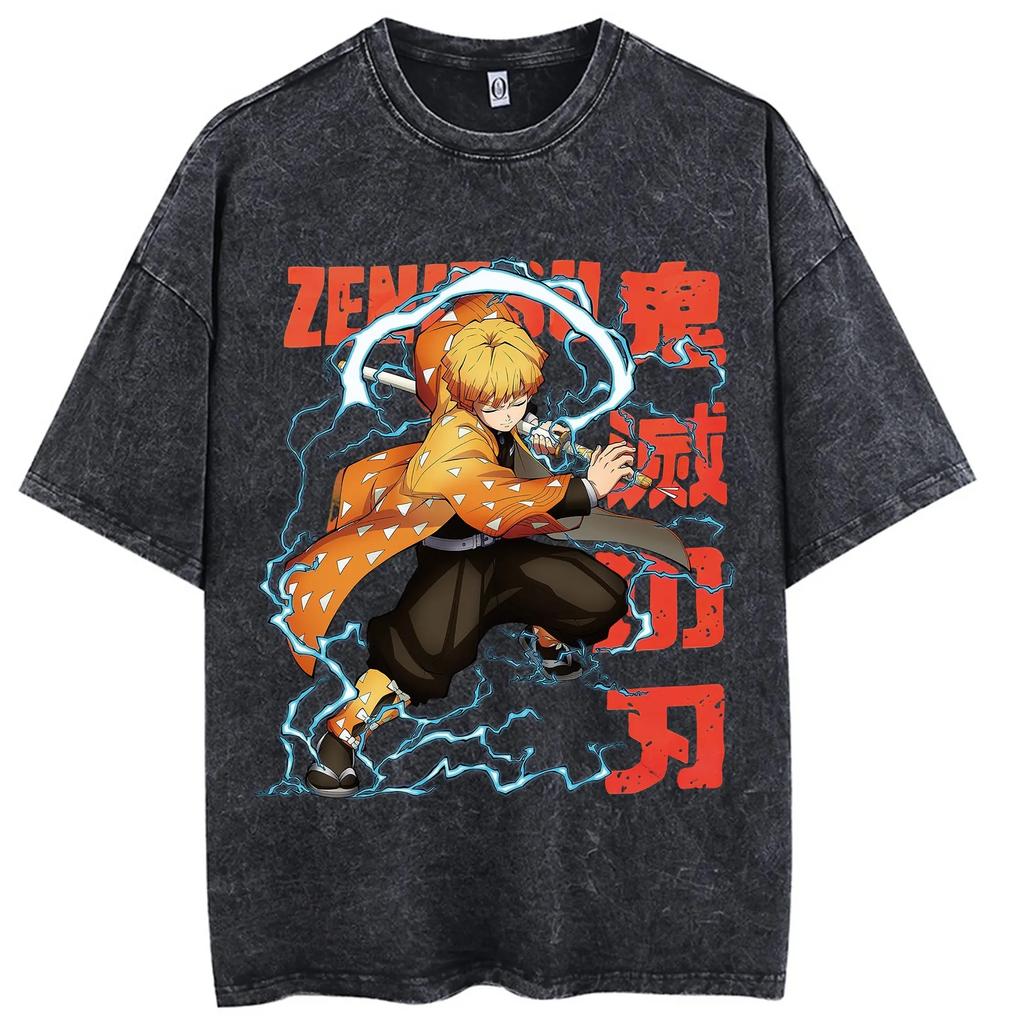 Anime Demon Slayer Agatsuma Zenitsu Graphic T Shirt Men Manga Vintage Tshirts Washed Cotton T-shirt Harajuku Male T-Shirt
