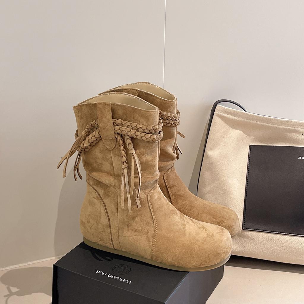 Short boots women's 2025 autumn new retro versatile fringed knight slim popular wasteland style khaki boots
