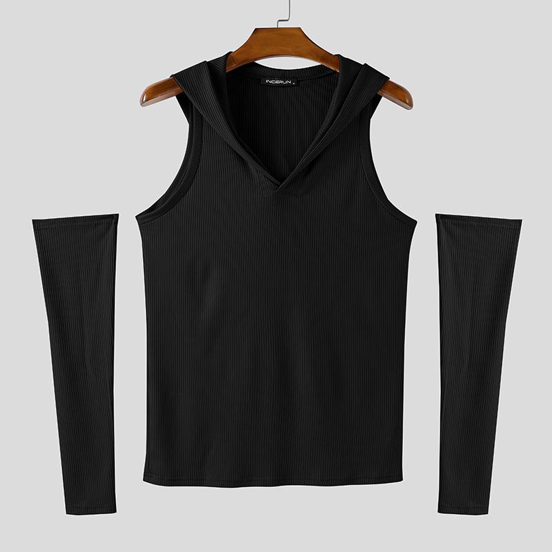 INCERUN Men Sleeveless Rib Casual Fitted Hooded Tank Tops with Oversleeve