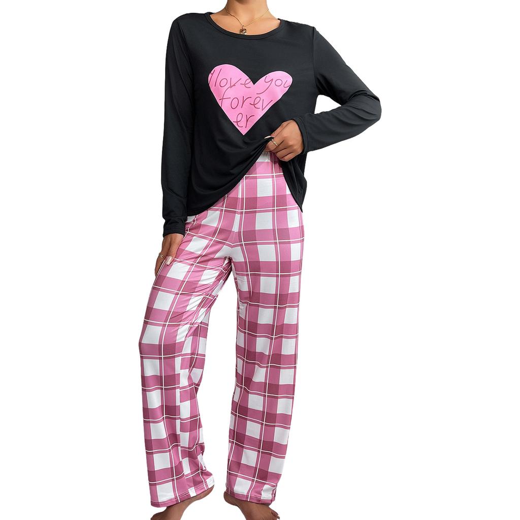 Women Plaids Patterned Loungewear 2 Pieces Outfits Long Sleeve Pajamas Tops and Long Pants Summer Sleepwear Nightwear